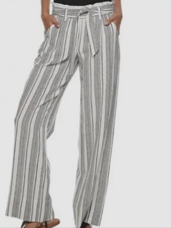 Rewind Pants - Rewind Striped Linen Blend Wide-Leg Paper Bag Pants - Black & White